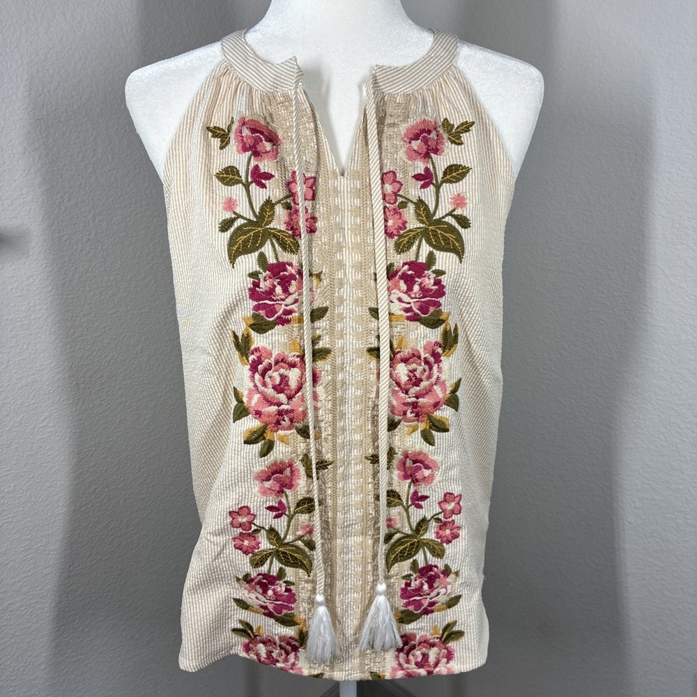 Savanna Jane Embroidered Floral Sleeveless Top Small Boho Festival Cottage